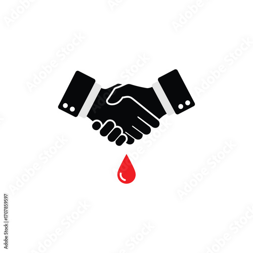 Vector illustration of a handshake with a red blood drop, symbolizing a pact, agreement, commitment, sacrifice, or the vital act of blood donation and humanitarian support