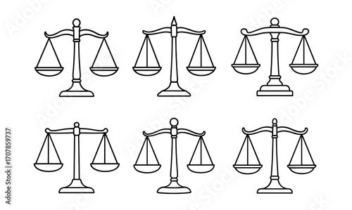 Elegant collection of justice scales for legal designs and law-themed projects