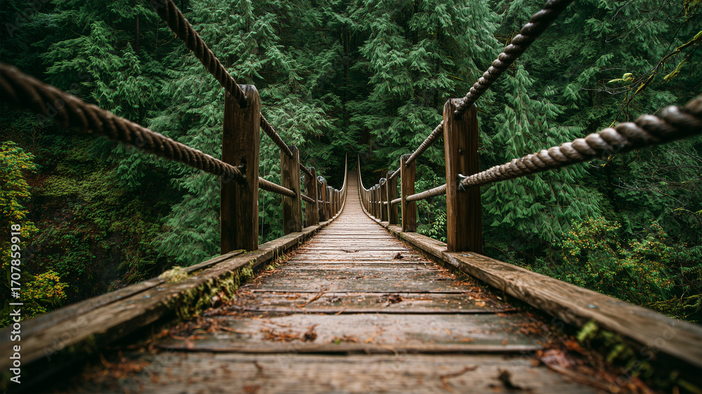 Fototapeta premium 深い森の吊り橋を正面構図で丁寧に撮影