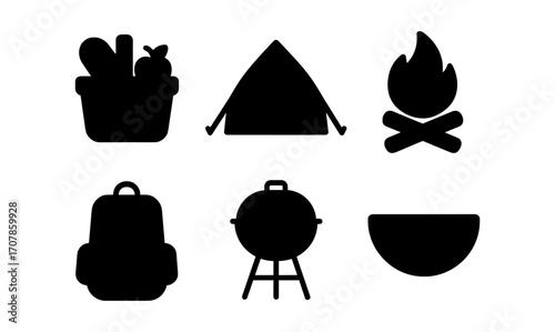 Outdoor leisure icons set featuring camping, picnic, and barbecue elements for summer adventures
