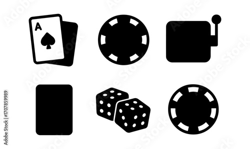 Casino gambling icon set featuring playing cards, slot machine, dice, and poker chips for game design and promotion