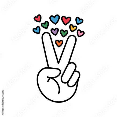 Peaceful Peace Sign Hand with Colorful Hearts Illustration – Love, Friendship, Positivity, Happiness, Gesture Coloring page