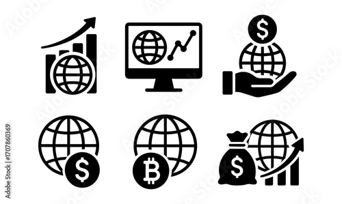 Business icon silhouettes: global finance and growth for corporate design