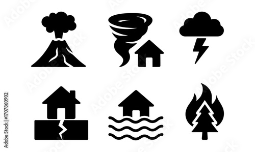Natural disaster icons set: volcanic eruption, tornado, storm, earthquake, flood, wildfire - design for emergency preparedness