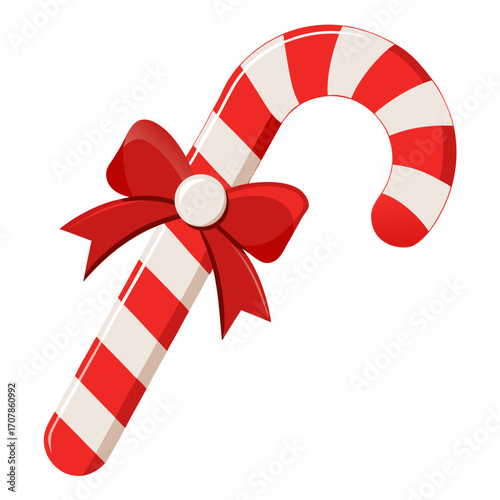 Festive Red and White Candy Cane with Bow, Christmas Clipart, Holiday Sweet Treat Illustration