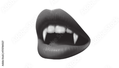 Vampire mouth in halftone style. Dot effect gothic open lips with sharp fangs.