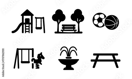 City park icon set featuring playground, trees, sporting equipment, and picnic areas for design use