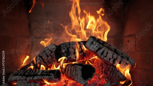 Cozy fireplace with burning flames and glowing wooden logs, creating a warm and relaxing atmosphere indoors