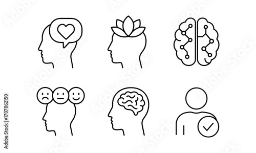Ai and mental well-being: minimalist icons representing emotional health and technology for mindfulness design and concepts