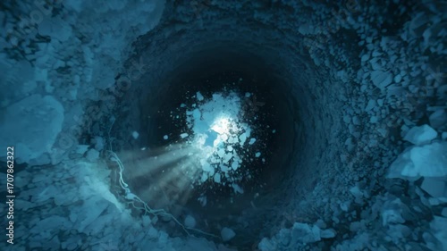 Cylindrical ice-hole descent with tumbling ice fragments and light