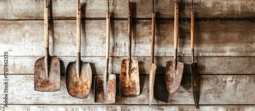 Rustic collection of aged gardening tools hanging against a weathered wooden wall