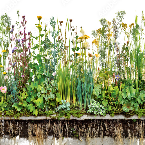 Vibrant cross-section of a green roof ecosystem with diverse plants, blooming flowers, and visible root systems, isolated on white for ecological and sustainable design concepts