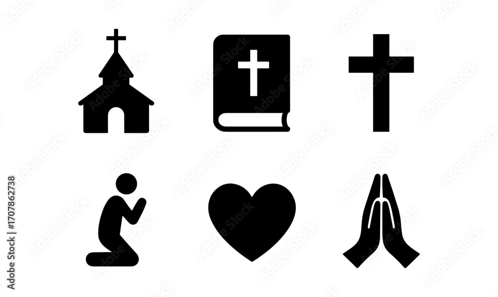 Obraz premium Faith icons collection featuring church, bible, cross, praying figure, heart, and hands for spiritual design projects