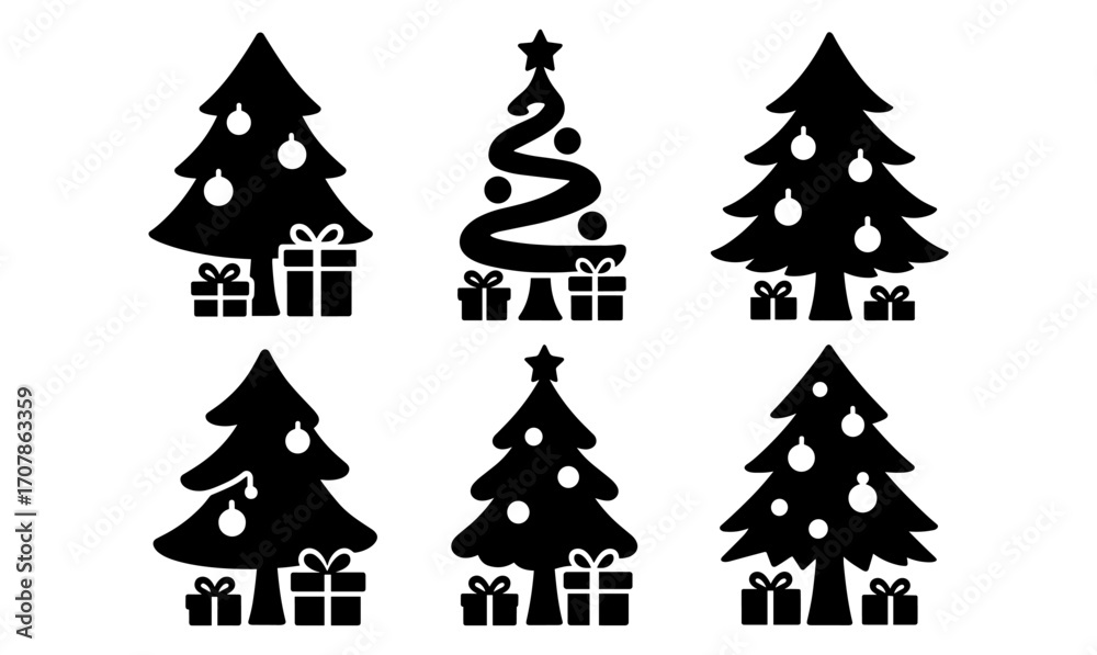 Obraz premium Christmas tree silhouettes with gift boxes and ornaments for holiday decoration designs