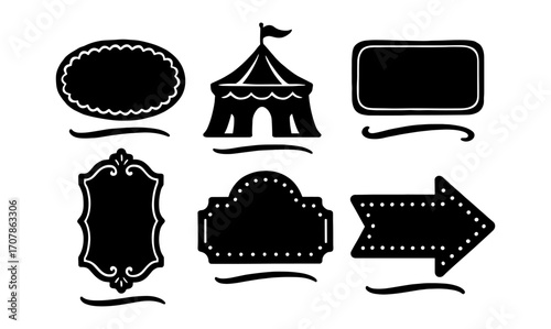 Vintage circus silhouettes set: festival tent and signs for retro design and decoration