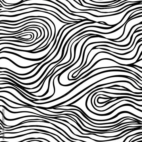 Abstract black and white illustration featuring flowing, wavy lines creating a seamless pattern reminiscent of wood grain or water currents
