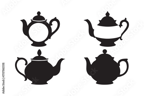 Four black silhouettes of vintage teapots on a white background