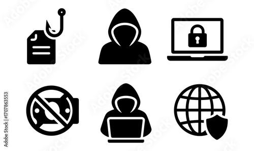 Cyber security icons set featuring hacker, phishing, locked laptop, and global protection theme