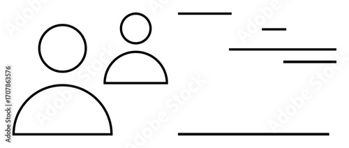 Two outline user icons with abstract horizontal lines representing data or interaction. Ideal for identity, user interface, networking, connection, contacts, communication, simple landing page