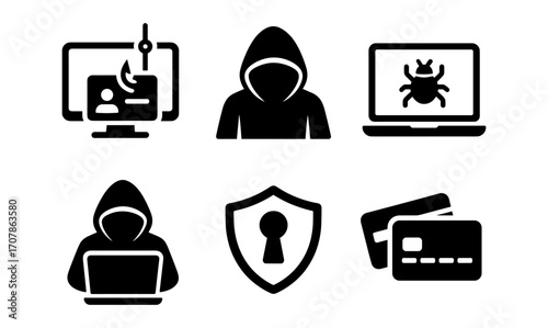 Cyber security icons set: hacking threats and protection symbols for digital safety design