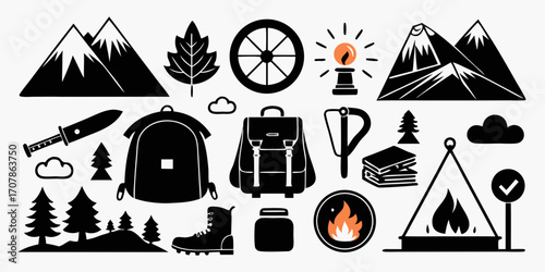 set of camping icons vector, travel, set, symbol, illustration, summer, beach, sign, vacation, tourism