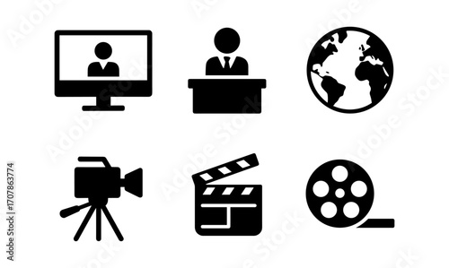 Tv news icons set 2024 with global, camera, and broadcasting themes for media design