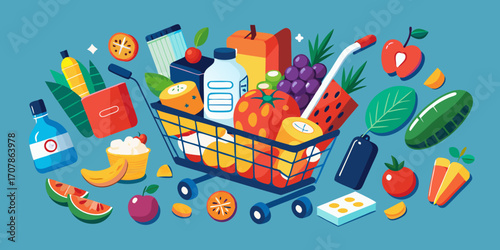vector illustration of a shopping cart basket, shopping, fruit, vegetables, fresh, isolated, vegetable, healthy, grocery, green, white, red, market, apple, tomato, supermarket,