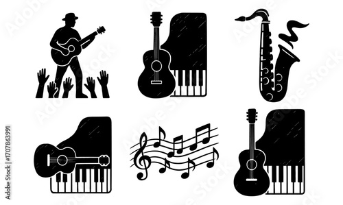 Jazz festival celebration with musical instrument silhouettes for event posters and designs