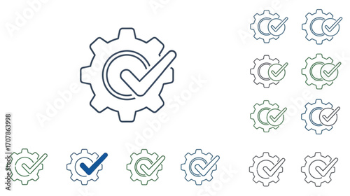 Gear icon with checkmark in various colors.