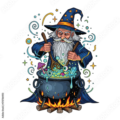 A spooky cartoon witch character in a black costume and purple hat flying on a broom is a fun Halloween vector illustration