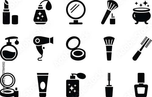 Beauty and Cosmetic Silhouette Icons Set for Makeup, Skincare, Haircare, and Beauty Tools – Vector Illustration for Fashion, Salon, and Personal Care Design