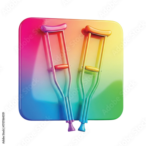 A vibrant 3D illustration of two rainbow-colored crutches, presented as a glossy, modern app icon.