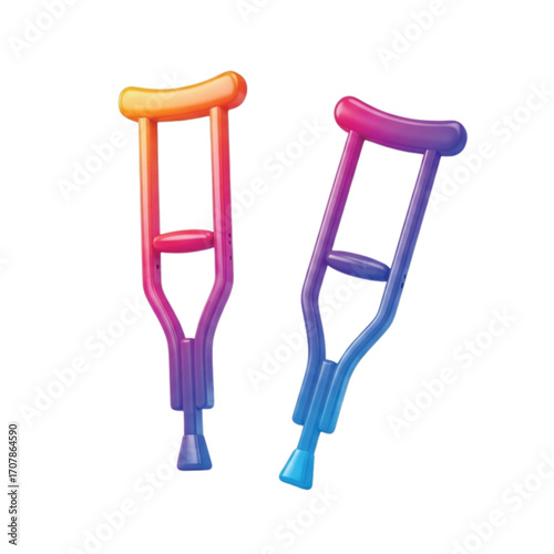 Two colorful crutches, one standing and one leaning, on a white background.