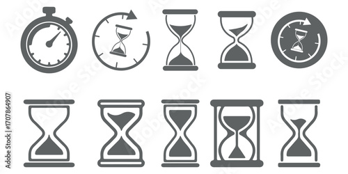 set of sand clock illustrations with varying frames and sand amounts. Hourglass shapes in multiple variations. Vector icon set of hourglasses with falling sand.