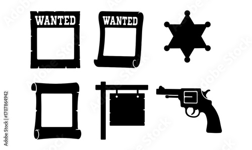 Western theme silhouettes: wanted posters, sheriff badge, gun for vintage design projects