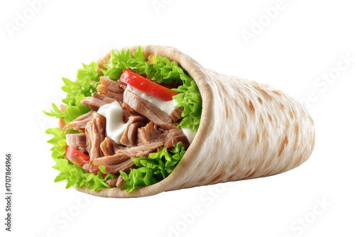 Fresh tuna wrap with lettuce, tomato, and mayonnaise in flatbread, cut out