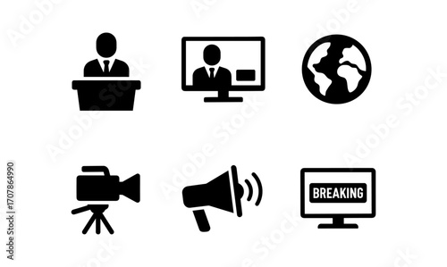Tv news icons set for media and broadcasting projects