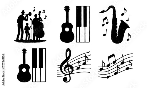 Jazz instrument silhouettes for music themed designs and posters