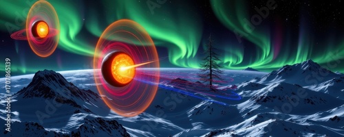 visualize the magnetosphere shielding the ionosphere from solar wind, forming protective magnetic waves and auroras, while charged particles are deflected dynamically across polar regions.