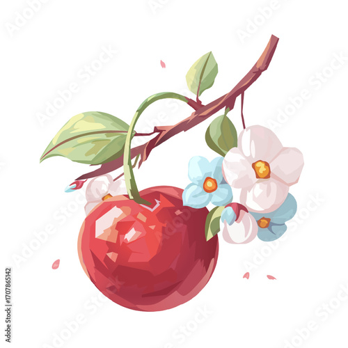Cherry Tree Branch with Pink and Blue Blossoms. Cherry Fruit and Floral Composition Isolated