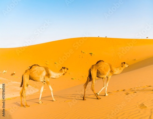Two camels traversing a vast, sandy desert landscape