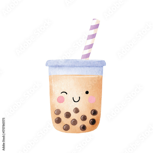 Cute Cartoon Boba Tea Illustration Watercolor Bubble Tea Design.