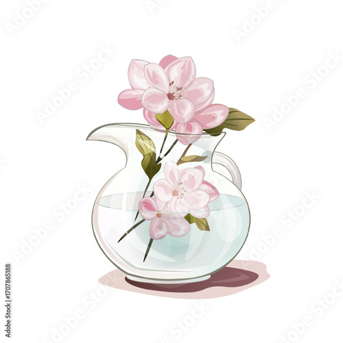 Delicate Pink Blossoms in Round Glass Container. Blooming Branch in Vase with Water Isolated