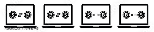 Crypto exchange icon. Dollar and bitcoin money exchange on laptop icon, vector illustration