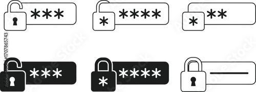Password field icons, lock symbol, asterisk input, security interface, login screen, visibility toggle, dark theme, unlocked padlock, digital access, stylized graphic