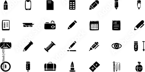 Vector illustration showing assorted office and medical supplies in black silhouette on a white background style