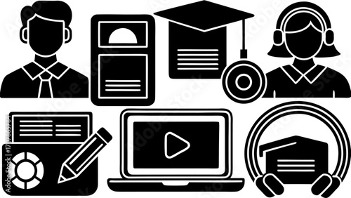 Vector illustration of online education elements including people, laptop, and learning accessories items icon