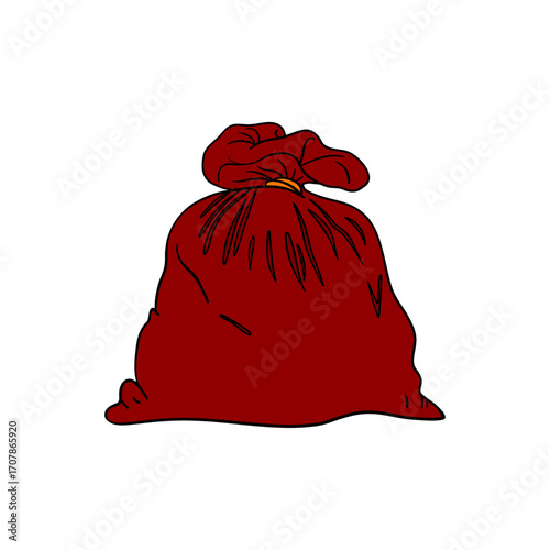 Santa Claus sack bag filled with Christmas gifts and festive decorations. Cozy holiday illustration greeting cards, invitations, seasonal posters, postcards. Christmas element collection 