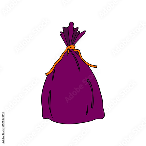 Santa Claus sack bag filled with Christmas gifts and festive decorations. Cozy holiday illustration greeting cards, invitations, seasonal posters, postcards. Christmas element collection 