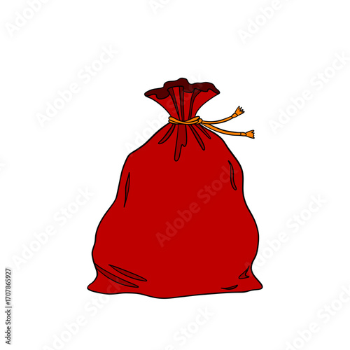 Santa Claus sack bag filled with Christmas gifts and festive decorations. Cozy holiday illustration greeting cards, invitations, seasonal posters, postcards. Christmas element collection 